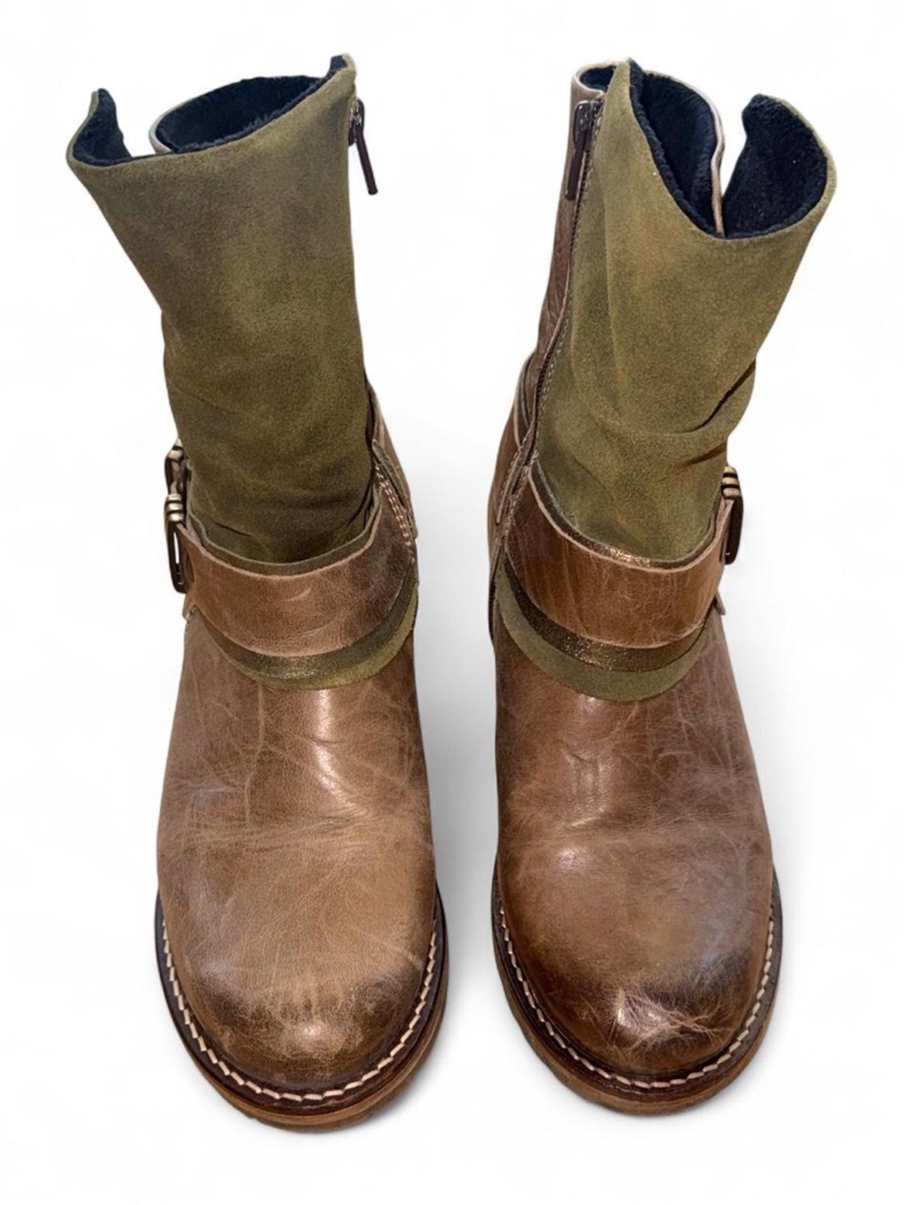 Dromedaris Leather Ankle Boots EU 38 US 7.5 Brown Green Moto Riding Boots